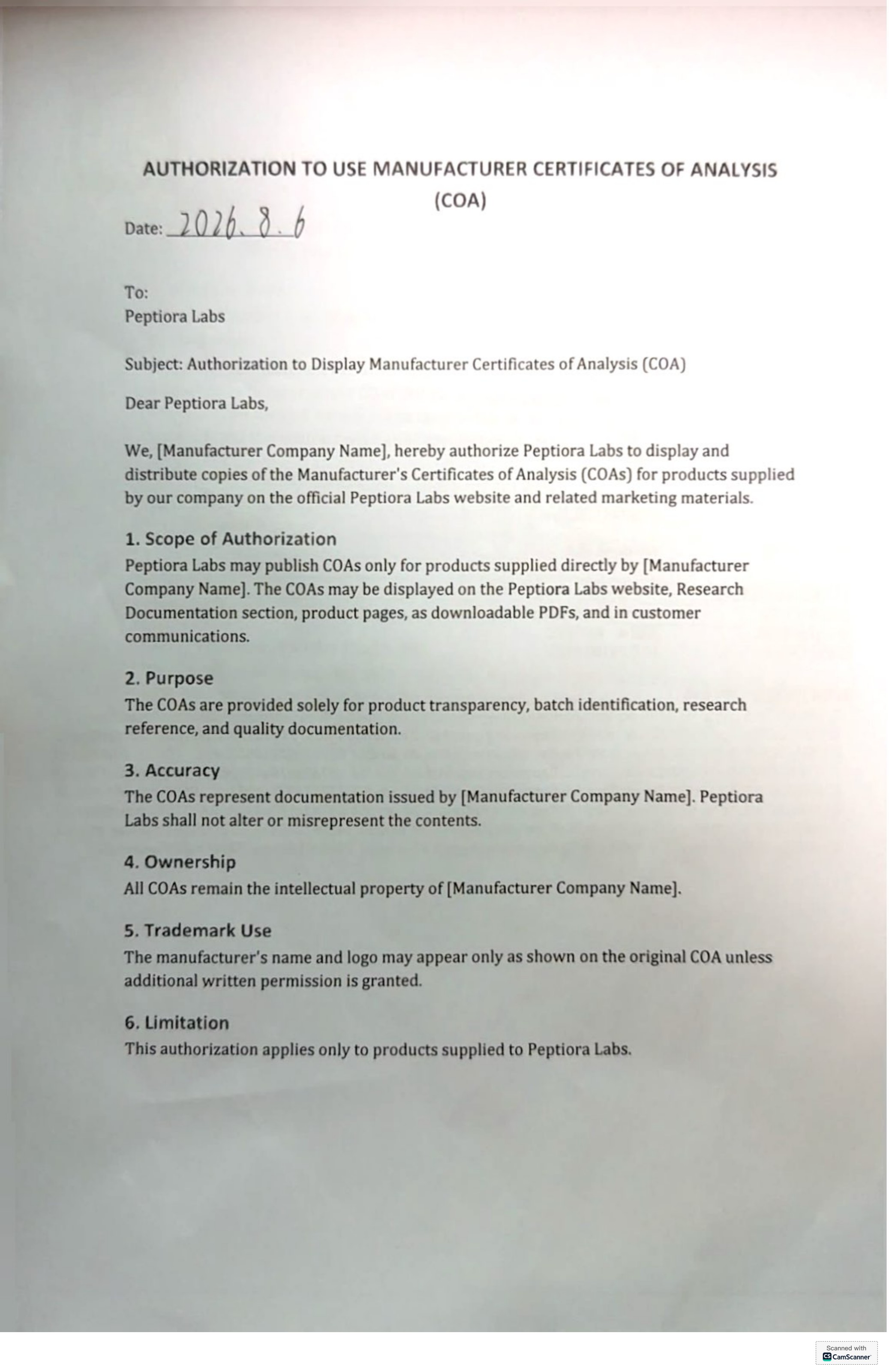 First scanned page of the signed manufacturer authorization letter