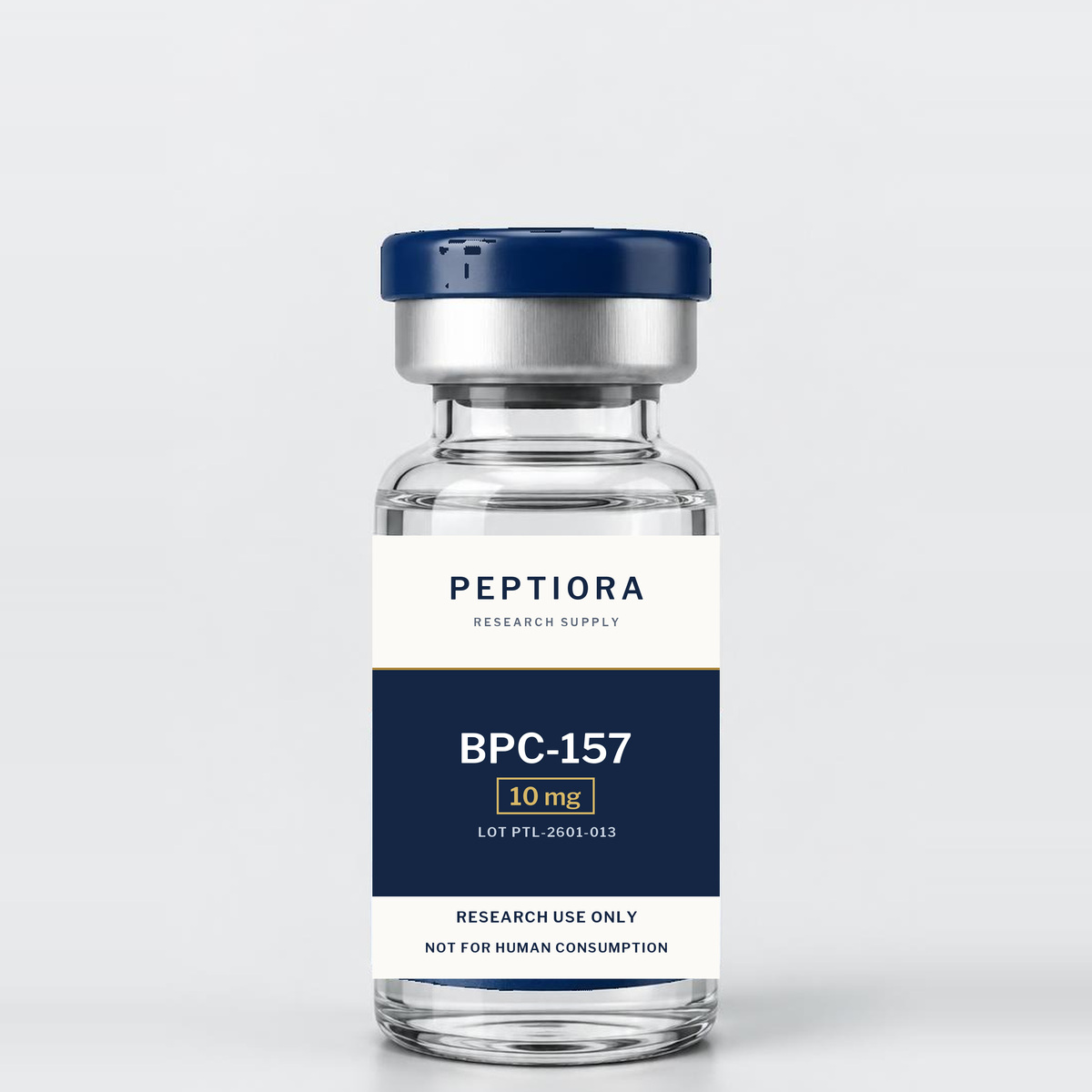 Peptiora BPC-157 research vial with its research-use-only label